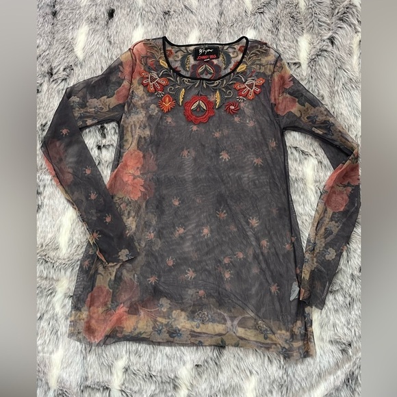 Biya Johnny Was Embroidered Floral Mesh Top sz XS - Picture 2 of 7